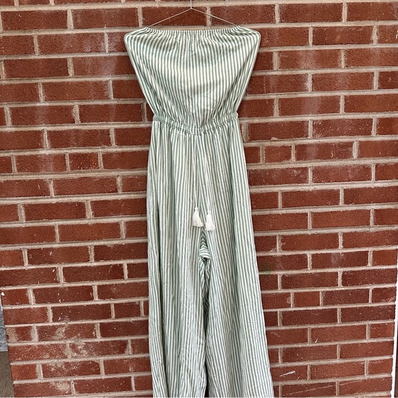 Girl & The. Sun Pants - Strapless Jumpsuit Green White Seersucker XS Girl & The Sun